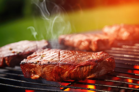 Grilled sirloin steak on a flaming BBQ grill in summer nature.の素材