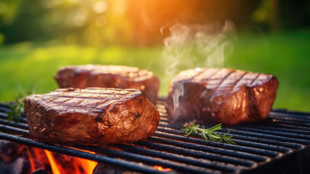 Tasty sirloin treat: Barbecue-grilled steak with spices in the backyard.の素材