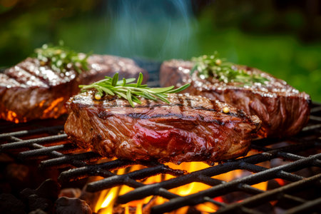 Summer picnic retreat: grilled sirloin steak with rosemary on a flaming BBQ grill outdoors.の素材