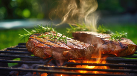 Country picnic feast: grilled meat with rosemary on a flaming BBQ grill in nature.の素材