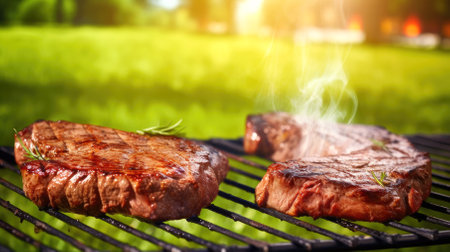 Country picnic delight: Grilled sirloin steak with spices on the barbecue in nature's summer.の素材