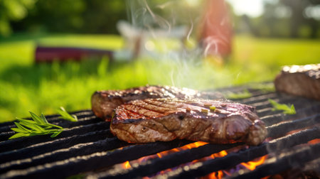Grilled beef steak with spices in the countryside.の素材