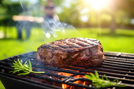 Barbecue season: tasty roasted steak on a flaming grill in the backyard.の素材