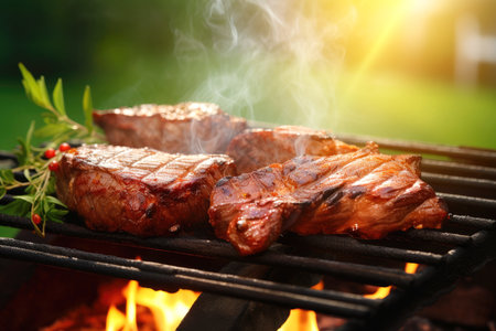 Grilled sirloin steak sizzling on a flaming BBQ in summer.の素材