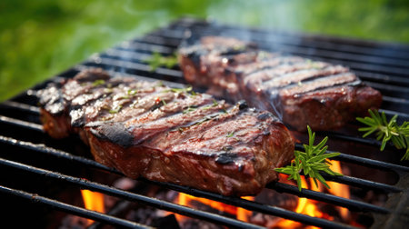 Tasty roasted beef steak with spices on the barbecue.の素材