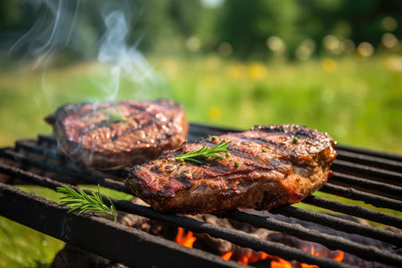 Countryside barbecue: delicious grilled steak with rosemary on a flaming BBQ grill.の素材