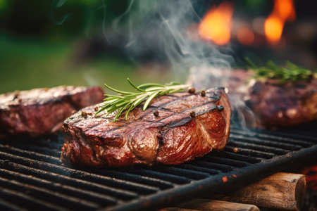 Sirloin steak with spices on a barbecue in nature, summer picnic.の素材