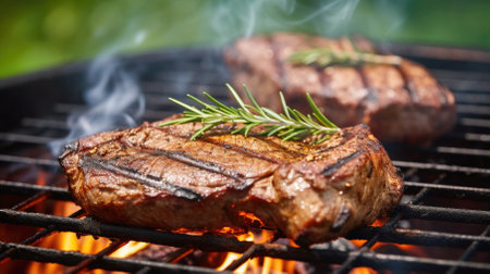 Summer BBQ: tasty roasted steak with rosemary sizzling on a flaming grill.の素材
