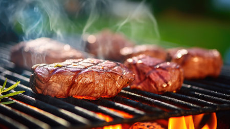 Sirloin steak with spices sizzling on the grill in the backyard.の素材