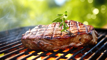 Flavorful BBQ delicacy: roasted steak infused cooking on a flaming grill in nature.の素材