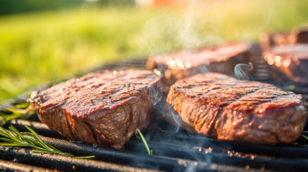 Countryside barbecue: delicious grilled beef steak with spices.の素材