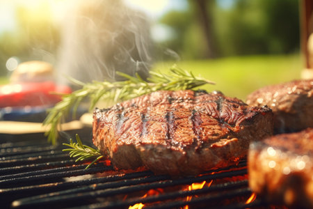 Hot grilled sirloin steak with spices in the countryside, summer picnic concept.の素材