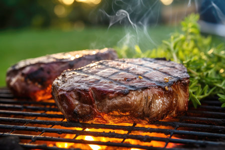 Tasty roasted beef steak with spices on the barbecue in nature.の素材