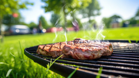 A delicious fried steak on a flaming barbecue grill against the backdrop of summer nature, the concept of a country picnic.の素材