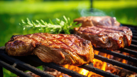 Delicious spiced fried steak cooked on a flaming grill.の素材