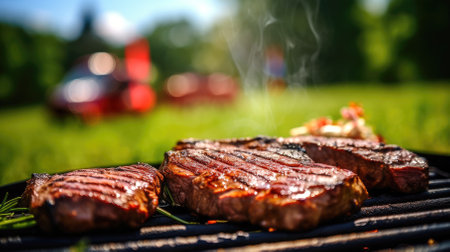 Sirloin steak with spices cooking on the barbecue in nature.の素材