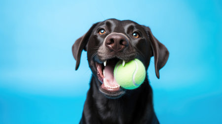 Labrador delighting in fetch play, tennis ball in mouth, against a vibrant blue backdrop.の素材