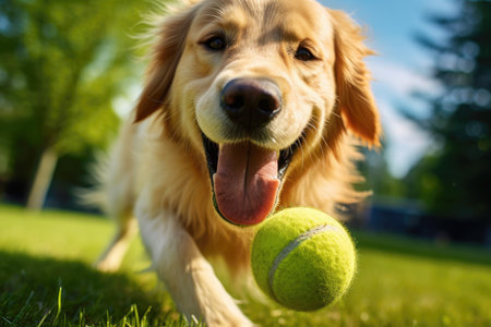 Retriever enjoying playful fetch with tennis ball in park.の素材