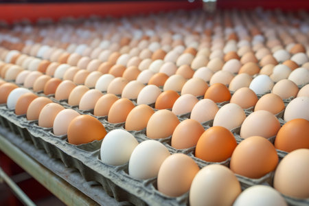 A lot of chicken eggs in trays at a poultry farm.の素材
