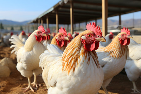 Chickens and farming in a rural scene on a livestock farm.の素材