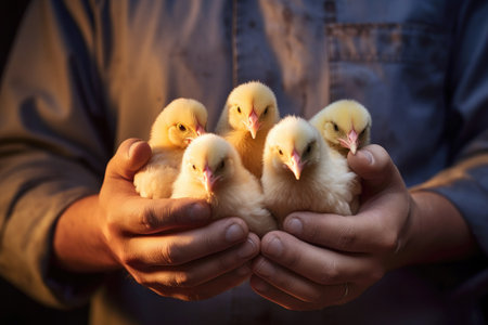 Yellow chickens in the hands of a farmer.の素材