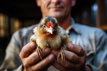 Farmer holding a chicken in his hands close up.の素材
