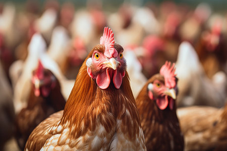 Rural coop scene: Chickens in the farm showcase the core of agriculture and poultry.の素材