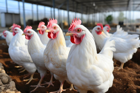 Agricultural essence: chickens at the countryside farm depict the poultry and livestock concept.の素材