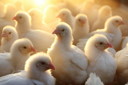 Sustainable poultry practices: chickens thriving in a countryside farm, emblematic of agriculture.の素材