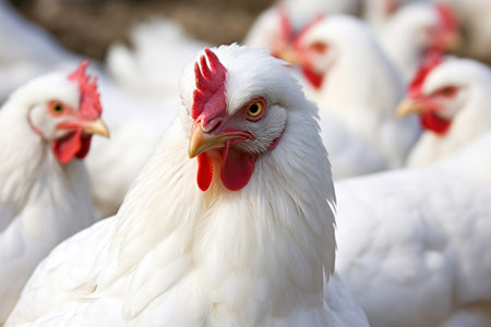 Chickens at the rural farm embody the concept of livestock and agriculture.の素材