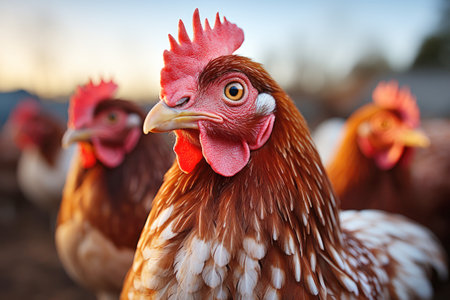Chickens in the countryside farmyard reveal the core of agriculture.の素材