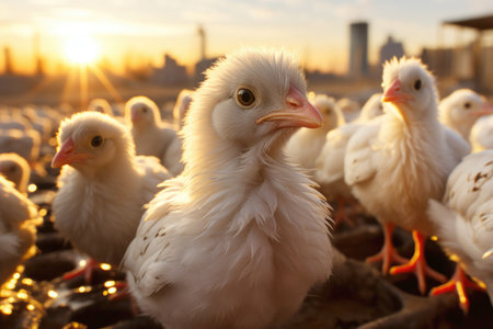 Organic poultry: agriculture and livestock farming in focus at a countryside chicken farm.の素材