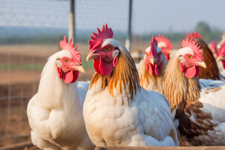 Organic poultry: chickens in a countryside farm, sustainable agriculture.の素材