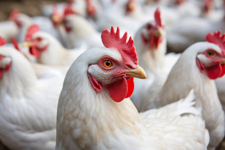 Poultry perspective: Chickens in the countryside farm reveal the core of livestock and agriculture.の素材