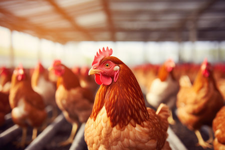Chickens at a poultry farm in the countryside, the concept of agriculture and livestock.の素材