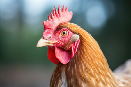 Portrait of chicken head outdoors.の素材