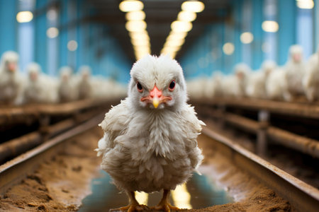 Chicken in a countryside farmyard, symbolizing livestock farming.の素材
