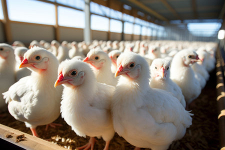 Organic poultry: agriculture and livestock farming in focus at a countryside chicken farm.の素材