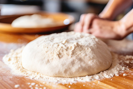 Kneaded dough on a wooden table, a precursor to delicious bread.の素材