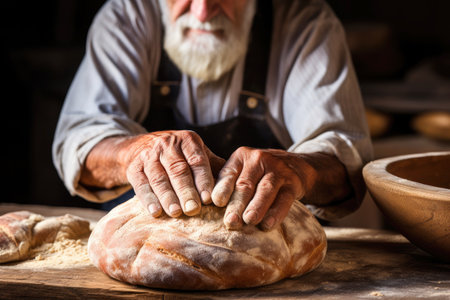 Senior touching freshly baked bread on wooden table.の素材