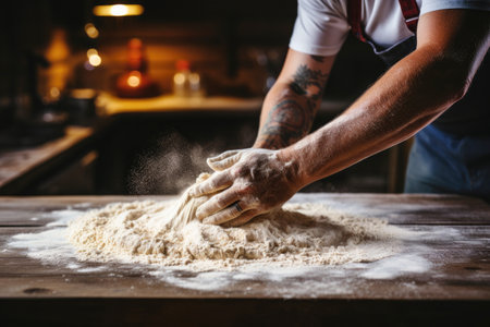 Man's hands knead dough, tradition in home cooking.の素材