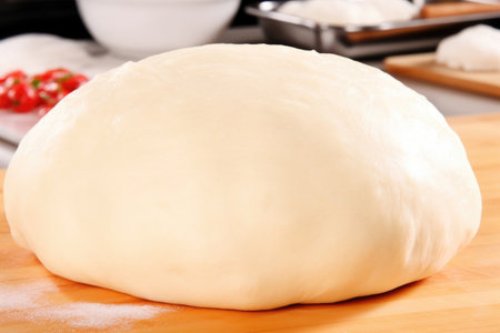 Freshly kneaded dough rests on a wooden table.の素材