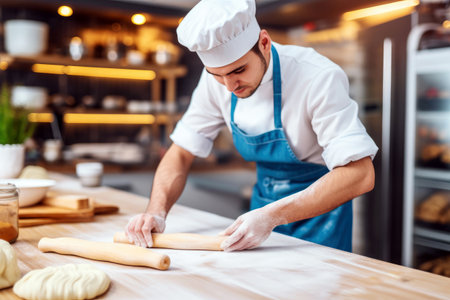 Kneaded dough on a wooden table, a precursor to delicious bread.の素材