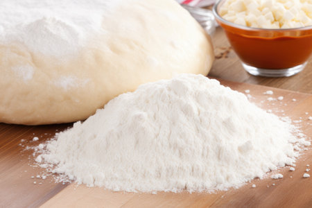 Raw dough and scattered flour on wooden table, home baking concept.の素材