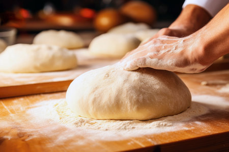 Men's hands knead dough in the home kitchen.の素材