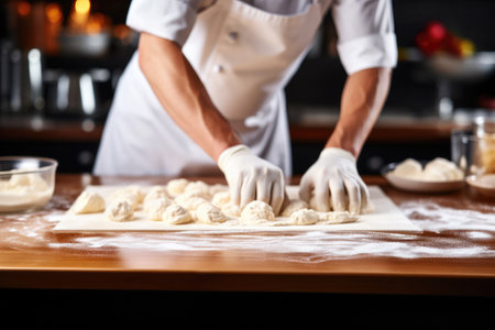 Cook working with dough on wooden table with flour.の素材