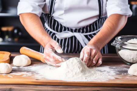Chef's hands on table with spilled flour and rolling pin for rolling out dough.の素材