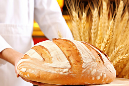 Cook holding freshly baked bread in his hands against the background of ripe ears of wheat.の素材
