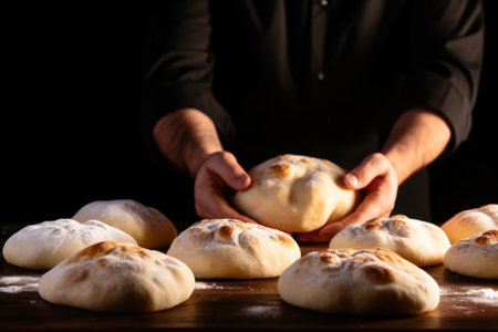 Male hands holding buns close up.の素材