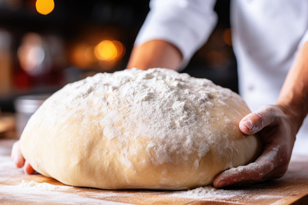 Man's hands knead dough for homemade goodness.の素材